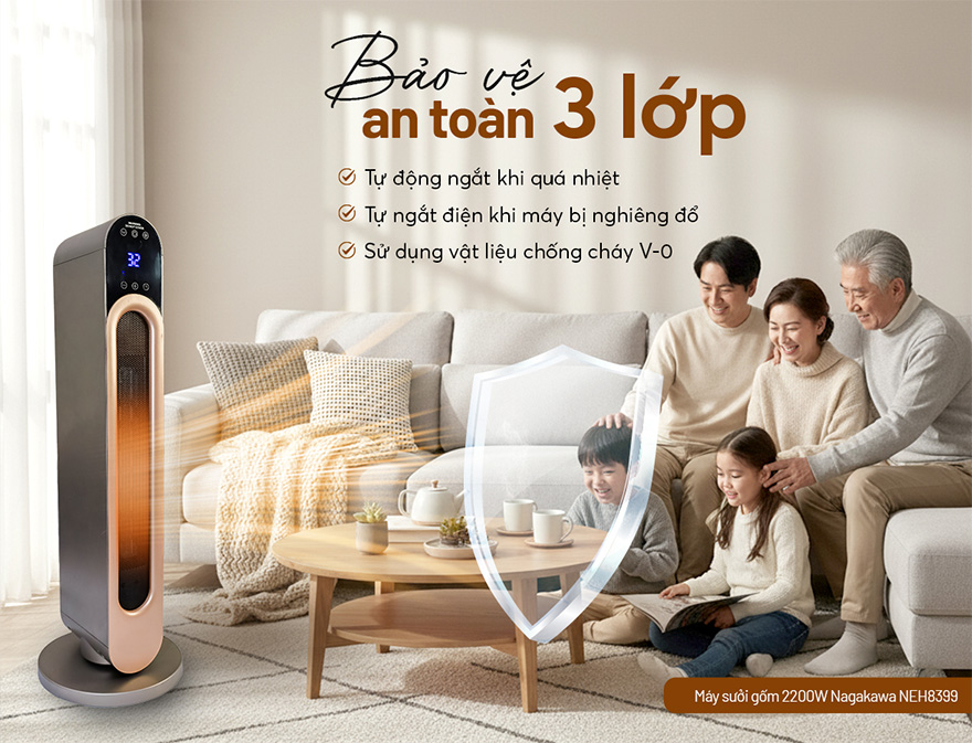 Quạt sưởi gốm Nagakawa Công nghệ bảo vệ thông minh 3 lớp